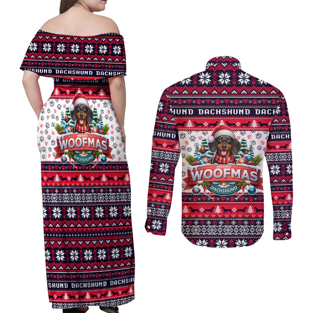 Dachshund Merry Woofmas Couples Matching Off Shoulder Maxi Dress and Long Sleeve Button Shirt Christmas Dog Art Style - Wonder Print Shop