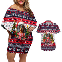 Dachshund Merry Woofmas Couples Matching Off Shoulder Short Dress and Hawaiian Shirt Christmas Dog Art Style - Wonder Print Shop