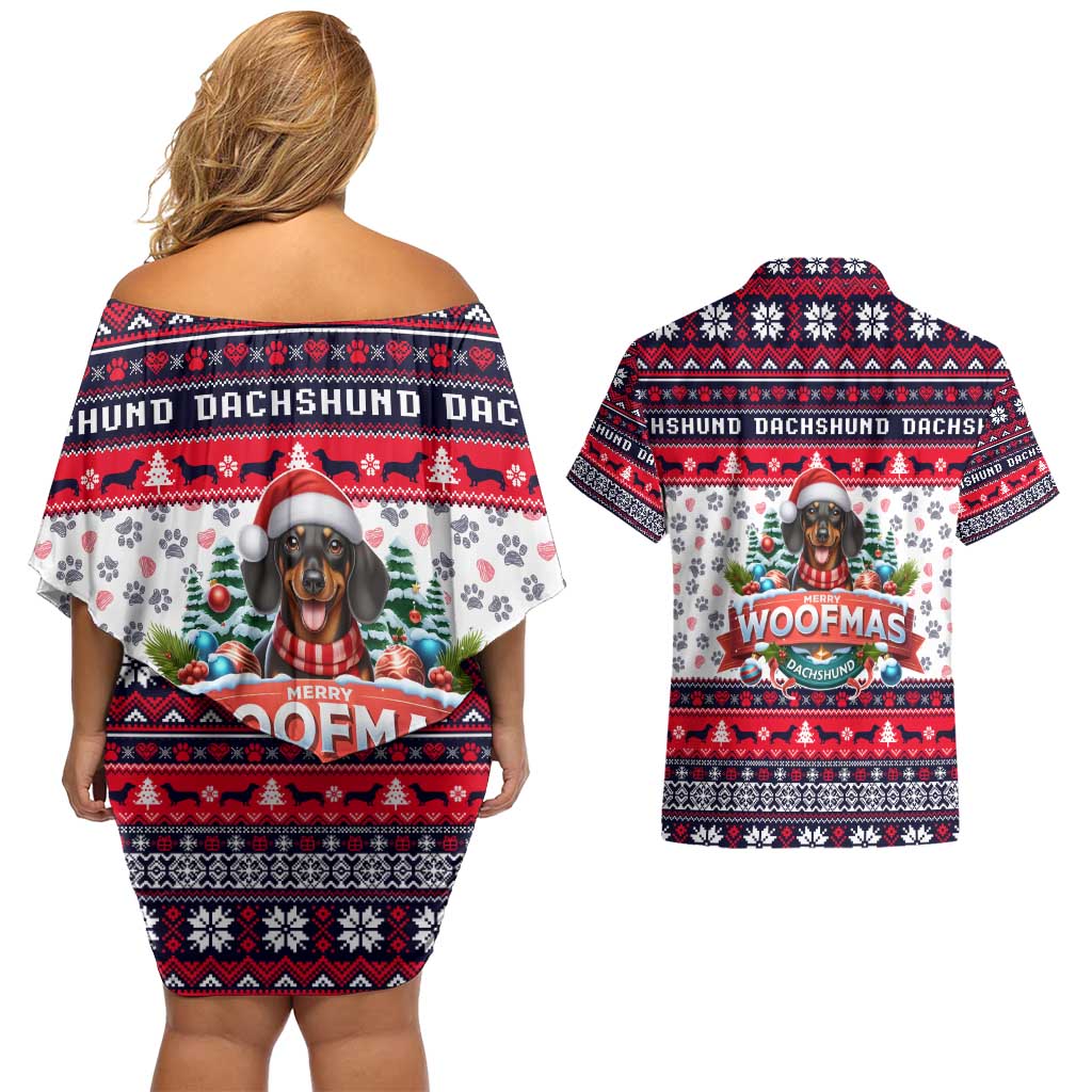 Dachshund Merry Woofmas Couples Matching Off Shoulder Short Dress and Hawaiian Shirt Christmas Dog Art Style - Wonder Print Shop