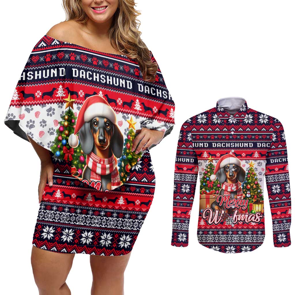 Dachshund Merry Woofmas Couples Matching Off Shoulder Short Dress and Long Sleeve Button Shirt Christmas Dog Art Style - Wonder Print Shop