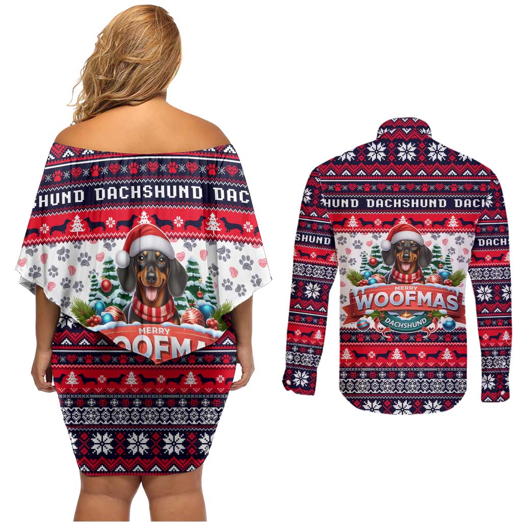 Dachshund Merry Woofmas Couples Matching Off Shoulder Short Dress and Long Sleeve Button Shirt Christmas Dog Art Style - Wonder Print Shop