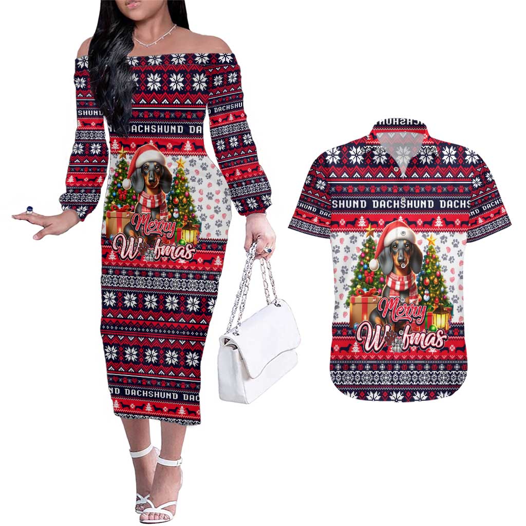 Dachshund Merry Woofmas Couples Matching Off The Shoulder Long Sleeve Dress and Hawaiian Shirt Christmas Dog Art Style - Wonder Print Shop