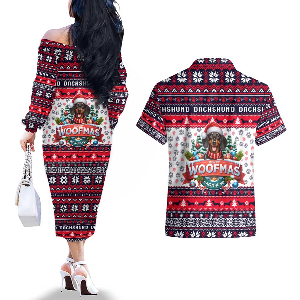 Dachshund Merry Woofmas Couples Matching Off The Shoulder Long Sleeve Dress and Hawaiian Shirt Christmas Dog Art Style - Wonder Print Shop