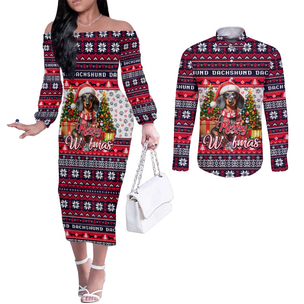 Dachshund Merry Woofmas Couples Matching Off The Shoulder Long Sleeve Dress and Long Sleeve Button Shirt Christmas Dog Art Style