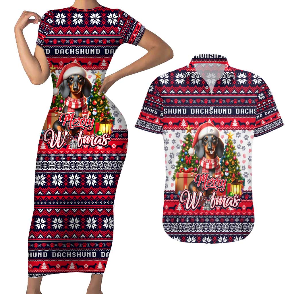 Dachshund Merry Woofmas Couples Matching Short Sleeve Bodycon Dress and Hawaiian Shirt Christmas Dog Art Style - Wonder Print Shop