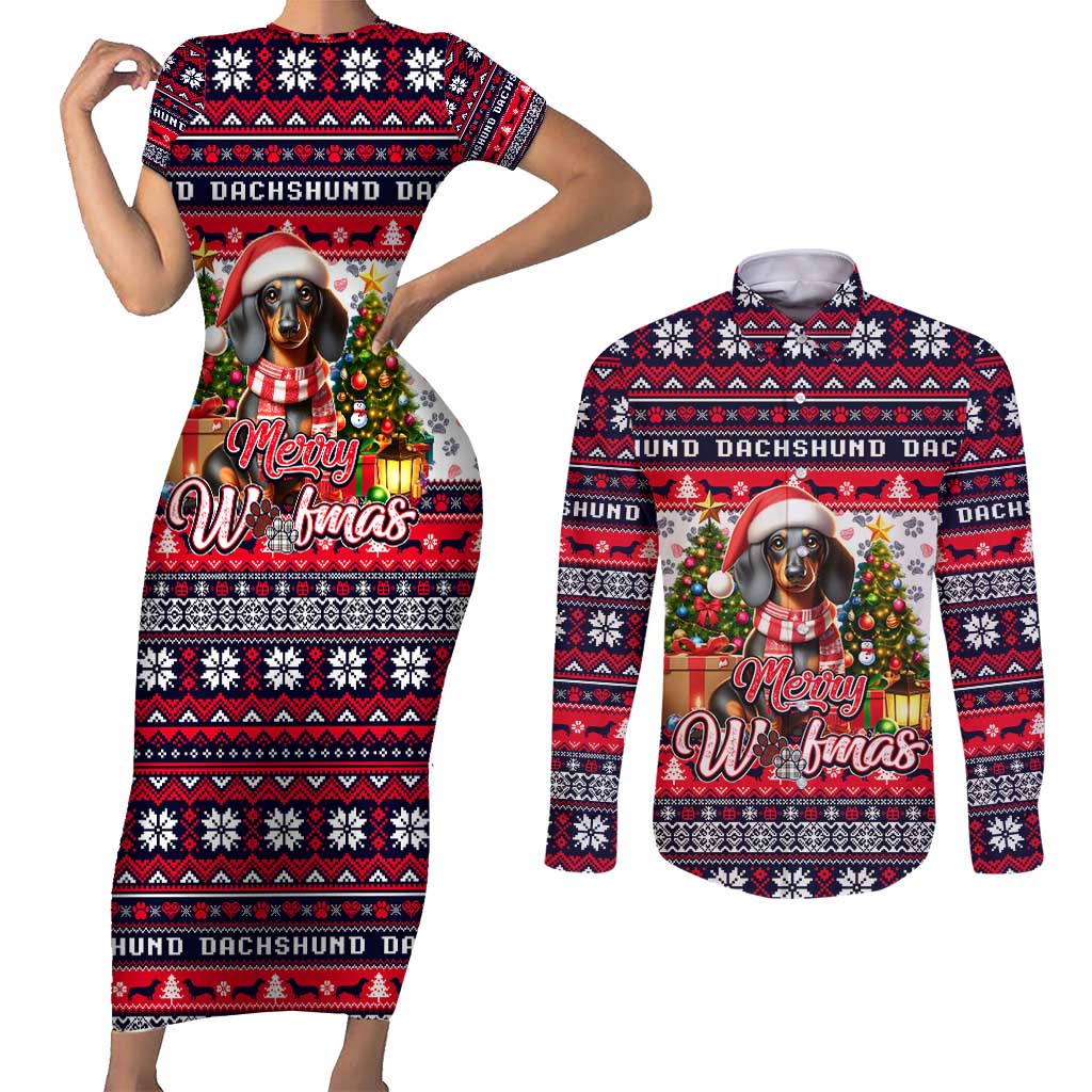 Dachshund Merry Woofmas Couples Matching Short Sleeve Bodycon Dress and Long Sleeve Button Shirt Christmas Dog Art Style - Wonder Print Shop