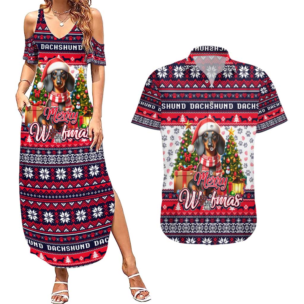 Dachshund Merry Woofmas Couples Matching Summer Maxi Dress and Hawaiian Shirt Christmas Dog Art Style - Wonder Print Shop
