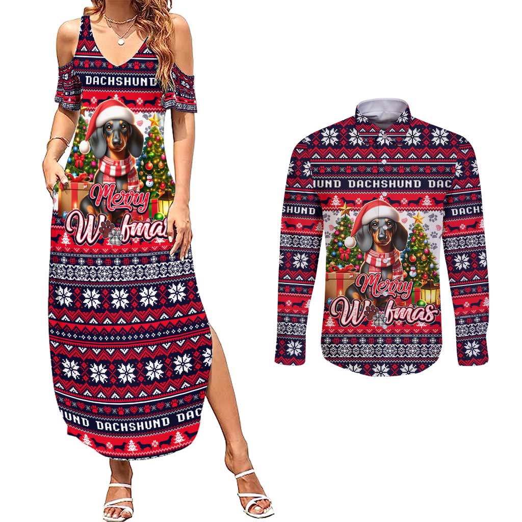 Dachshund Merry Woofmas Couples Matching Summer Maxi Dress and Long Sleeve Button Shirt Christmas Dog Art Style - Wonder Print Shop