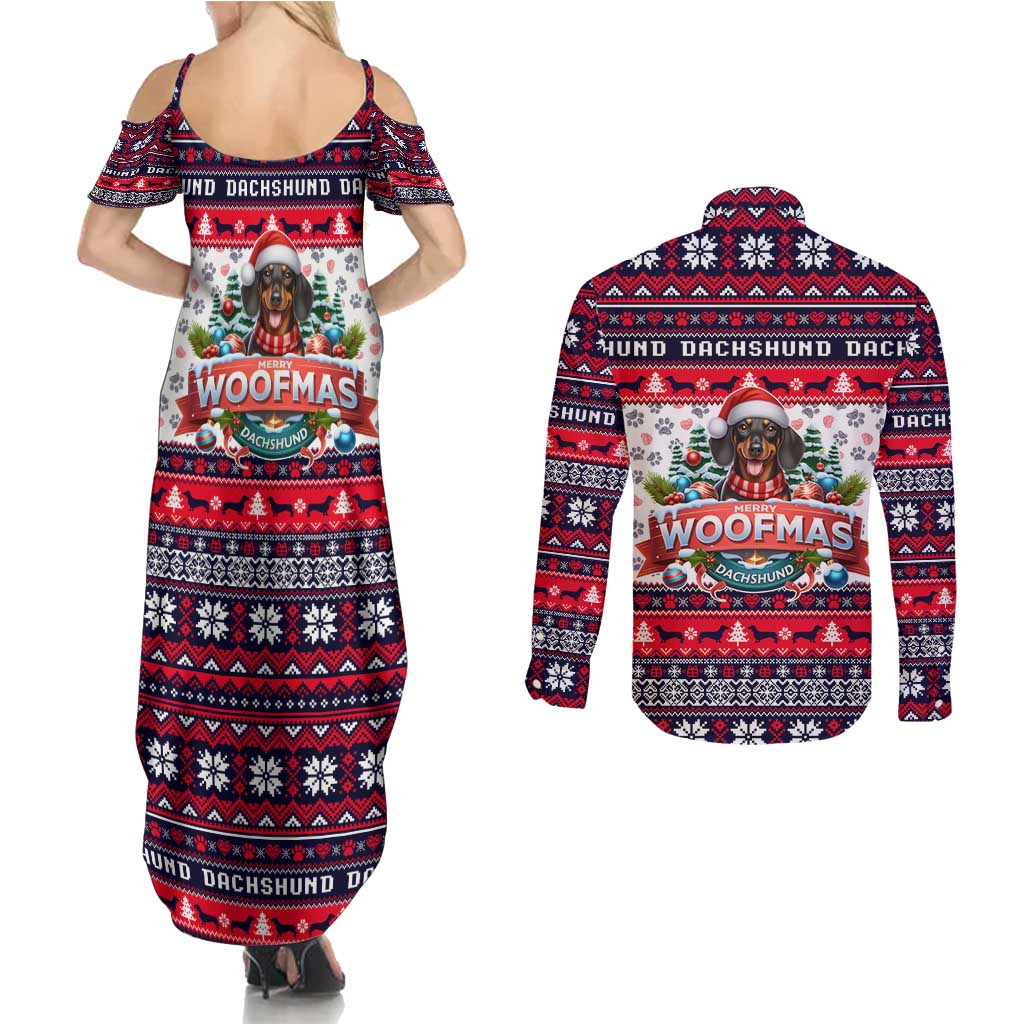 Dachshund Merry Woofmas Couples Matching Summer Maxi Dress and Long Sleeve Button Shirt Christmas Dog Art Style - Wonder Print Shop