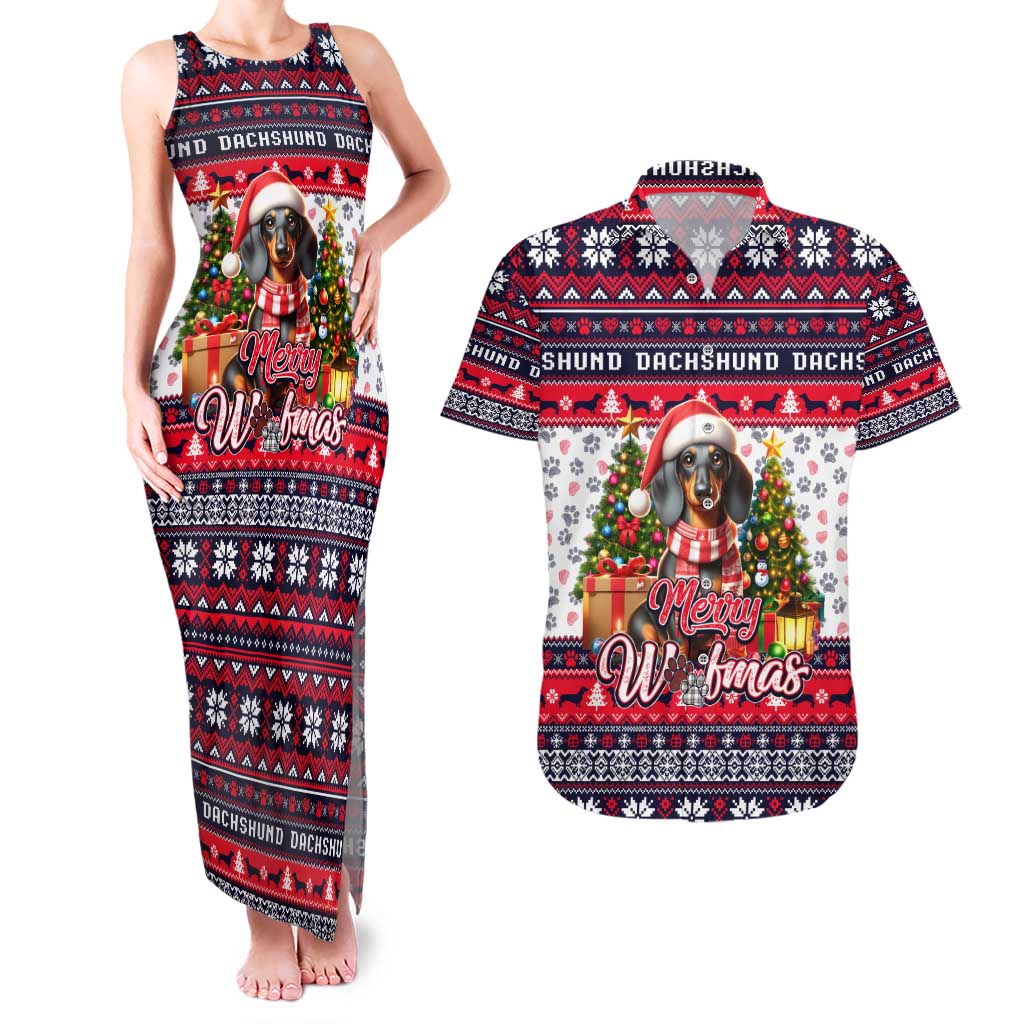 Dachshund Merry Woofmas Couples Matching Tank Maxi Dress and Hawaiian Shirt Christmas Dog Art Style - Wonder Print Shop