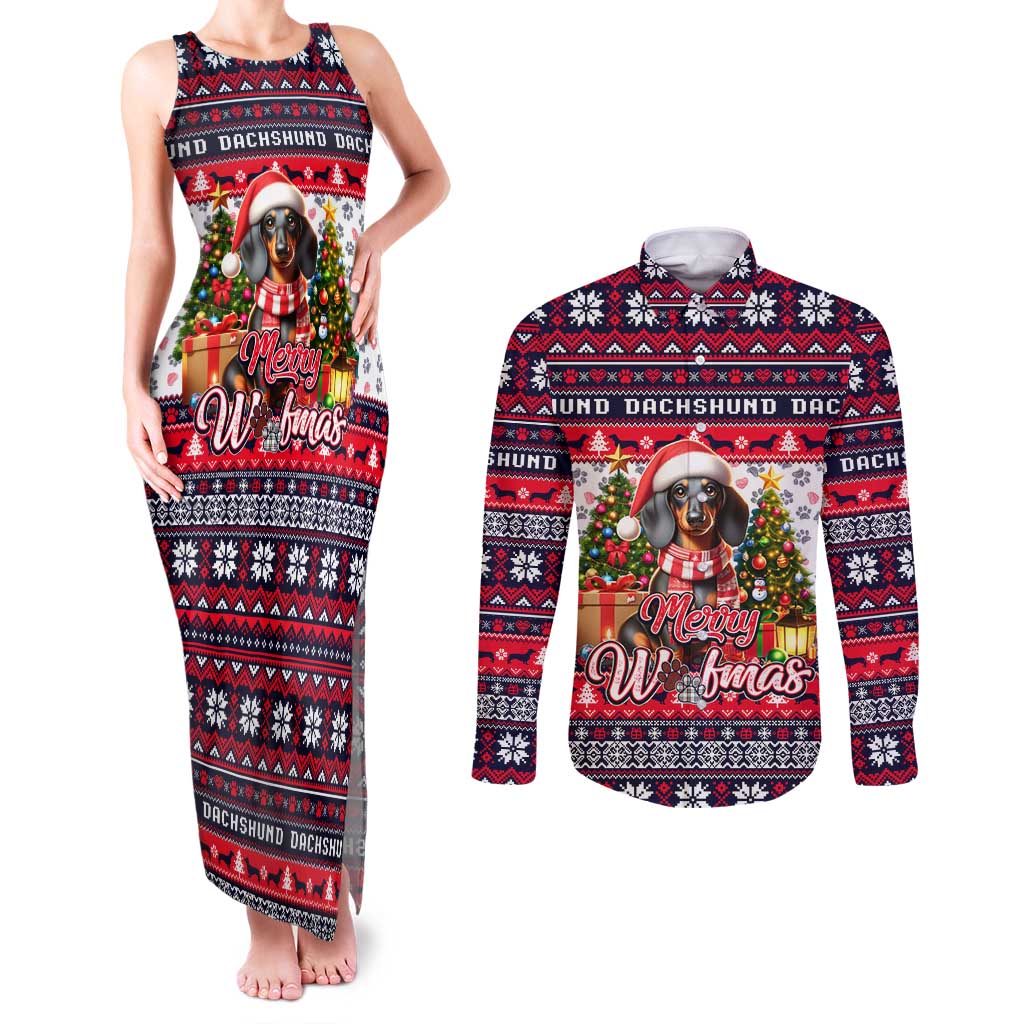 Dachshund Merry Woofmas Couples Matching Tank Maxi Dress and Long Sleeve Button Shirt Christmas Dog Art Style - Wonder Print Shop