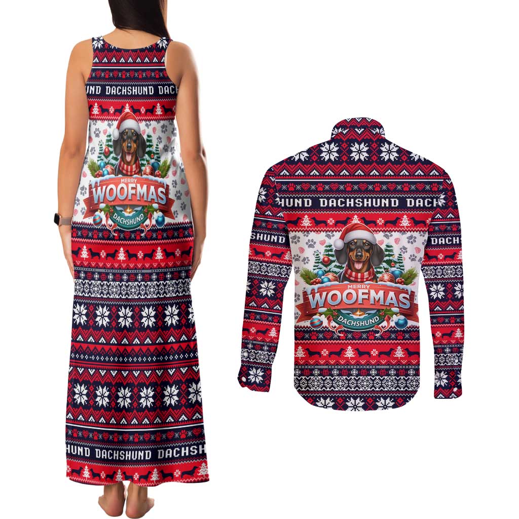Dachshund Merry Woofmas Couples Matching Tank Maxi Dress and Long Sleeve Button Shirt Christmas Dog Art Style - Wonder Print Shop