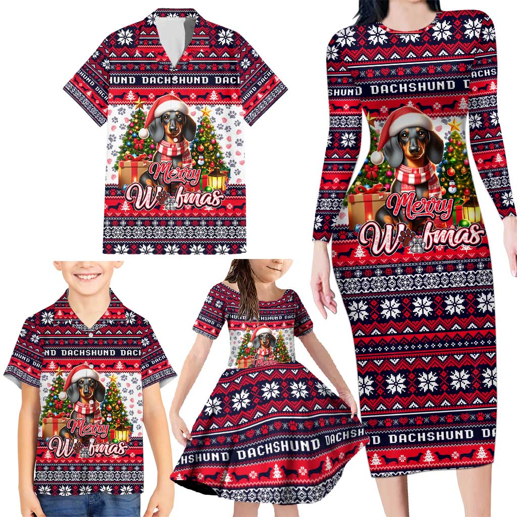 Dachshund Merry Woofmas Family Matching Long Sleeve Bodycon Dress and Hawaiian Shirt Christmas Dog Art Style - Wonder Print Shop