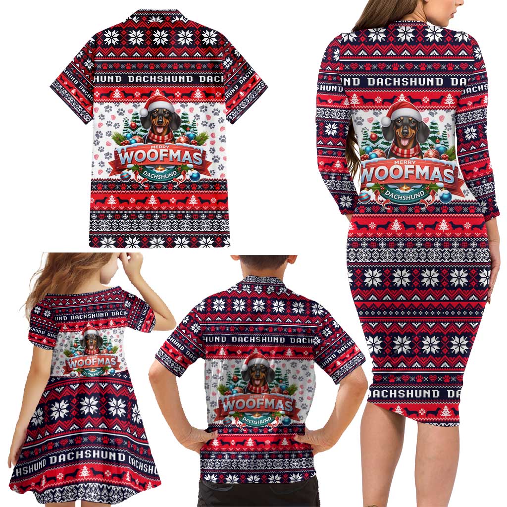 Dachshund Merry Woofmas Family Matching Long Sleeve Bodycon Dress and Hawaiian Shirt Christmas Dog Art Style - Wonder Print Shop