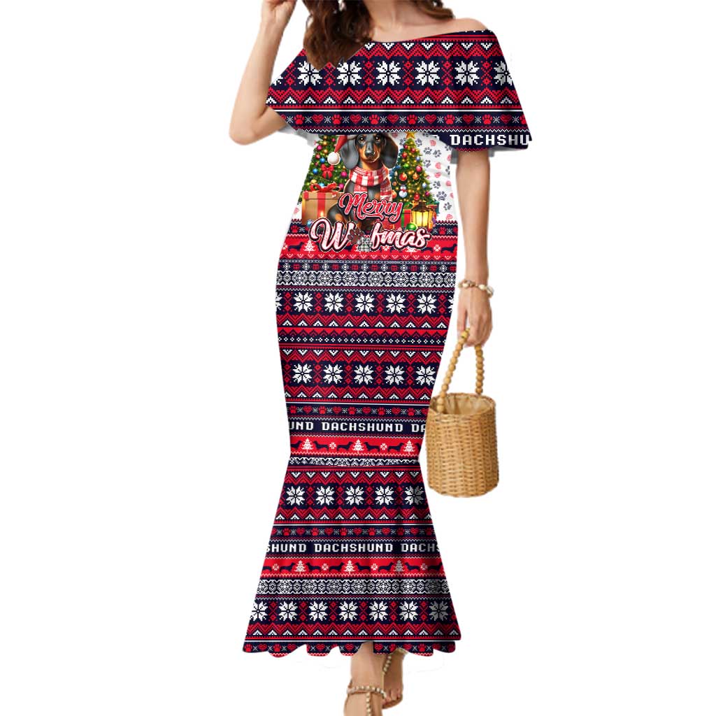 Dachshund Merry Woofmas Family Matching Mermaid Dress and Hawaiian Shirt Christmas Dog Art Style - Wonder Print Shop