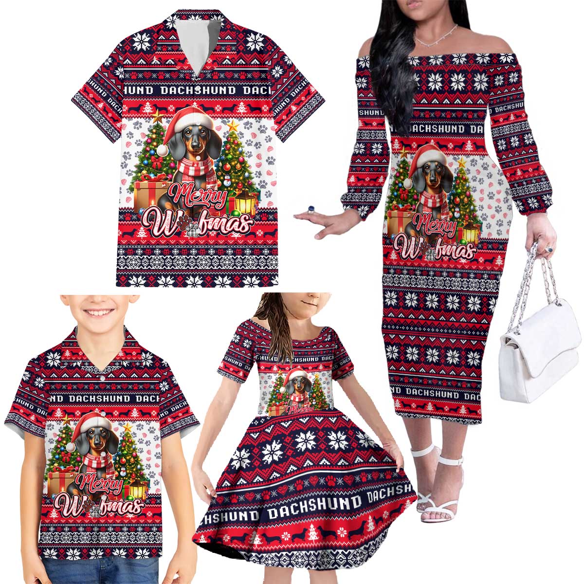 Dachshund Merry Woofmas Family Matching Off The Shoulder Long Sleeve Dress and Hawaiian Shirt Christmas Dog Art Style - Wonder Print Shop