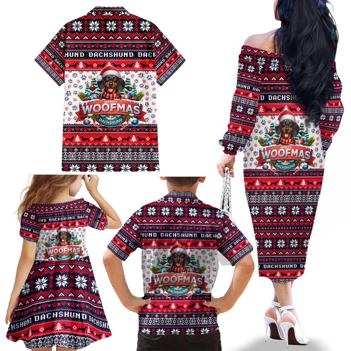 Dachshund Merry Woofmas Family Matching Off The Shoulder Long Sleeve Dress and Hawaiian Shirt Christmas Dog Art Style - Wonder Print Shop
