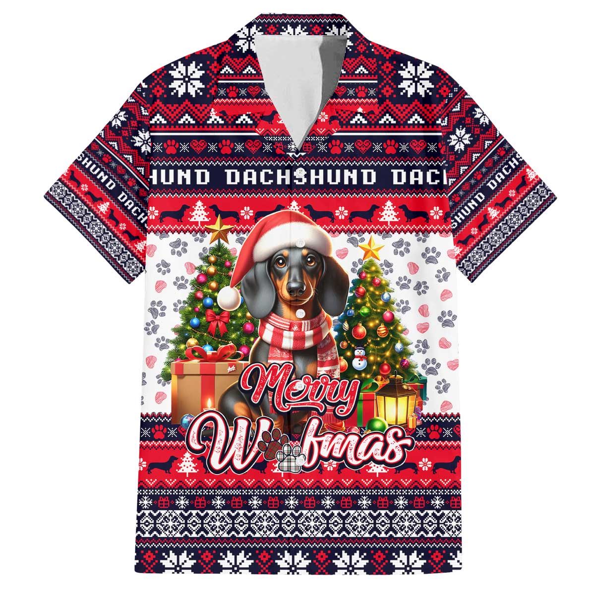 Dachshund Merry Woofmas Family Matching Off The Shoulder Long Sleeve Dress and Hawaiian Shirt Christmas Dog Art Style - Wonder Print Shop