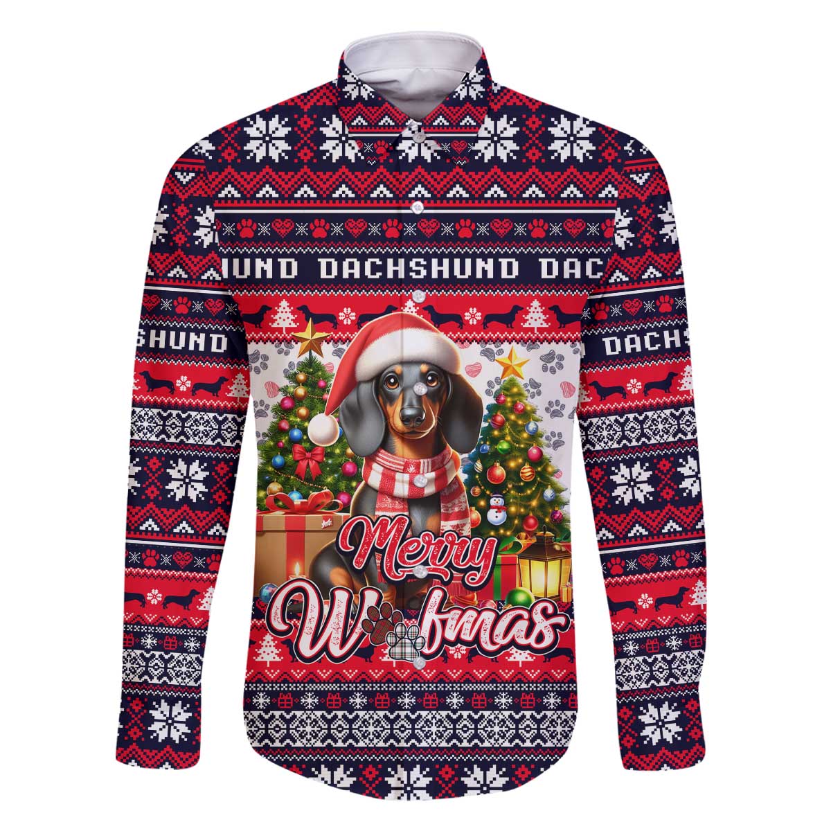 Dachshund Merry Woofmas Family Matching Off The Shoulder Long Sleeve Dress and Hawaiian Shirt Christmas Dog Art Style - Wonder Print Shop