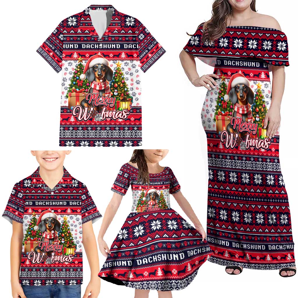 Dachshund Merry Woofmas Family Matching Off Shoulder Maxi Dress and Hawaiian Shirt Christmas Dog Art Style - Wonder Print Shop