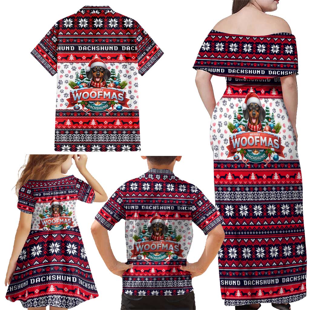 Dachshund Merry Woofmas Family Matching Off Shoulder Maxi Dress and Hawaiian Shirt Christmas Dog Art Style - Wonder Print Shop