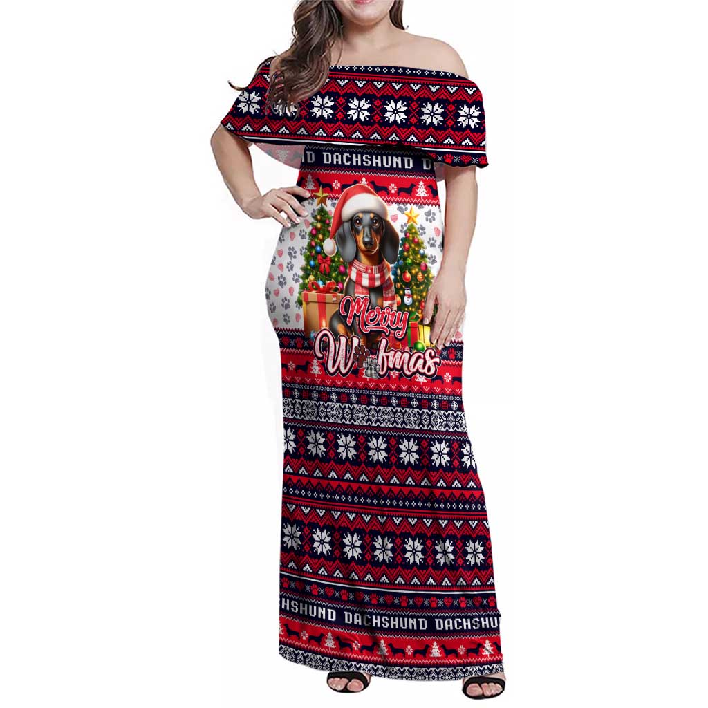 Dachshund Merry Woofmas Family Matching Off Shoulder Maxi Dress and Hawaiian Shirt Christmas Dog Art Style - Wonder Print Shop