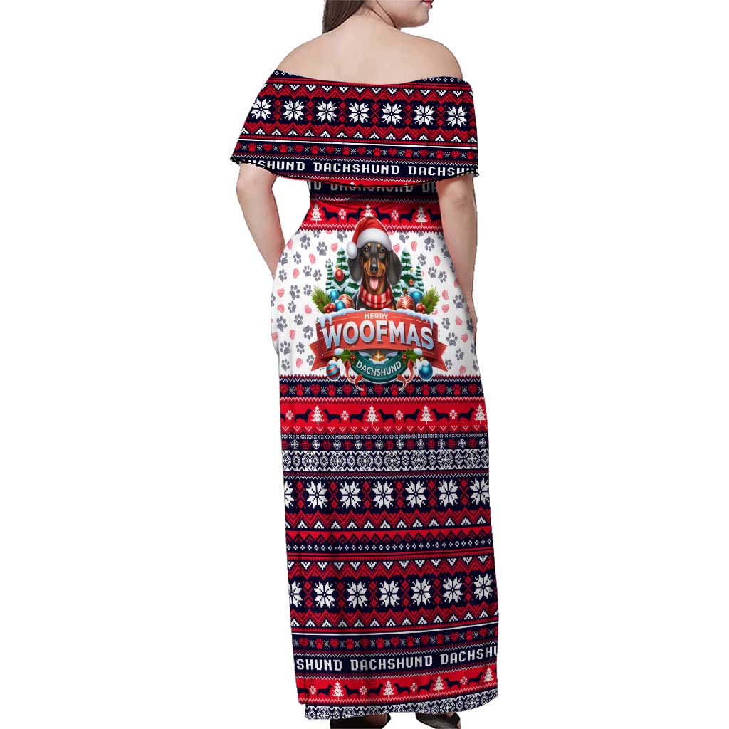 Dachshund Merry Woofmas Family Matching Off Shoulder Maxi Dress and Hawaiian Shirt Christmas Dog Art Style - Wonder Print Shop