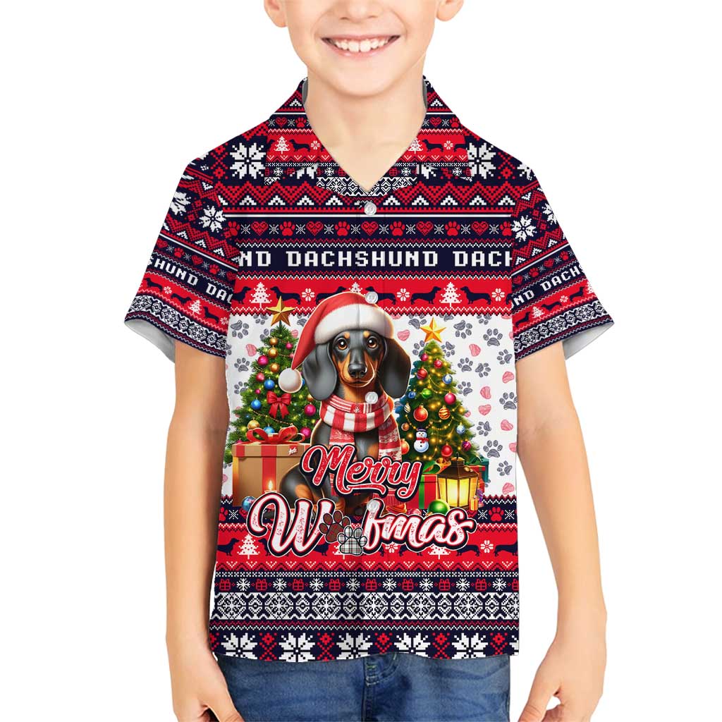 Dachshund Merry Woofmas Family Matching Off Shoulder Maxi Dress and Hawaiian Shirt Christmas Dog Art Style - Wonder Print Shop