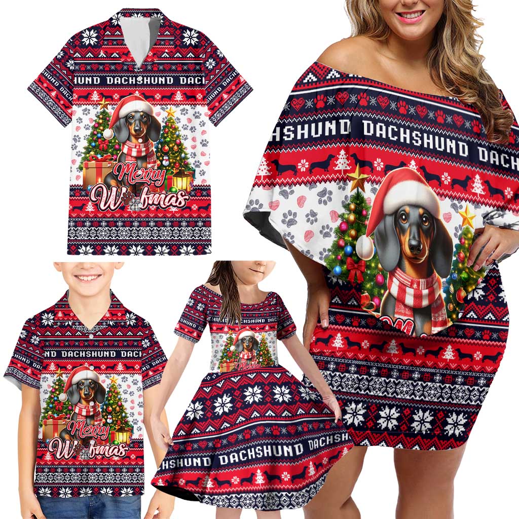 Dachshund Merry Woofmas Family Matching Off Shoulder Short Dress and Hawaiian Shirt Christmas Dog Art Style - Wonder Print Shop