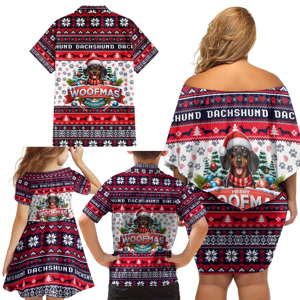Dachshund Merry Woofmas Family Matching Off Shoulder Short Dress and Hawaiian Shirt Christmas Dog Art Style - Wonder Print Shop
