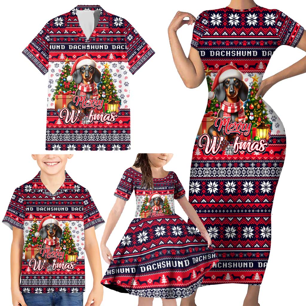 Dachshund Merry Woofmas Family Matching Short Sleeve Bodycon Dress and Hawaiian Shirt Christmas Dog Art Style - Wonder Print Shop