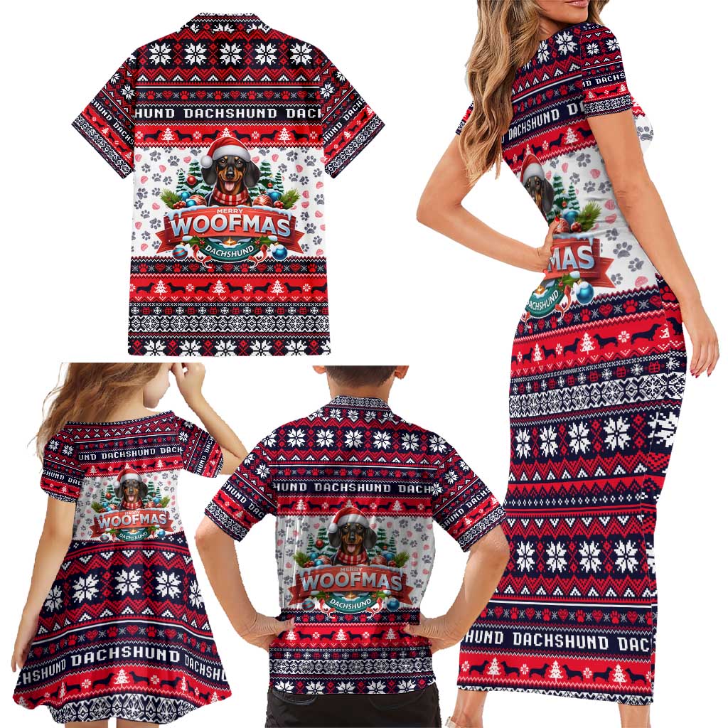 Dachshund Merry Woofmas Family Matching Short Sleeve Bodycon Dress and Hawaiian Shirt Christmas Dog Art Style - Wonder Print Shop
