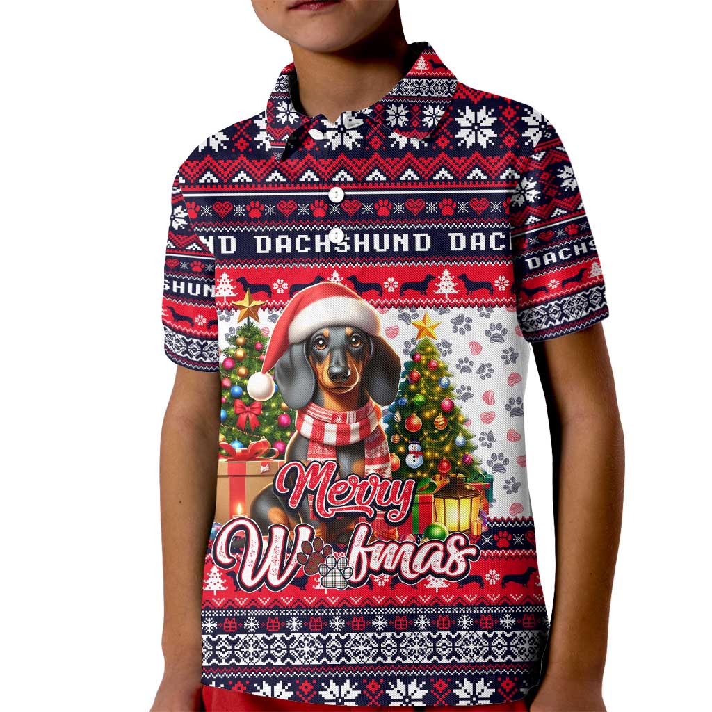 Dachshund Merry Woofmas Kid Polo Shirt Christmas Dog Art Style - Wonder Print Shop