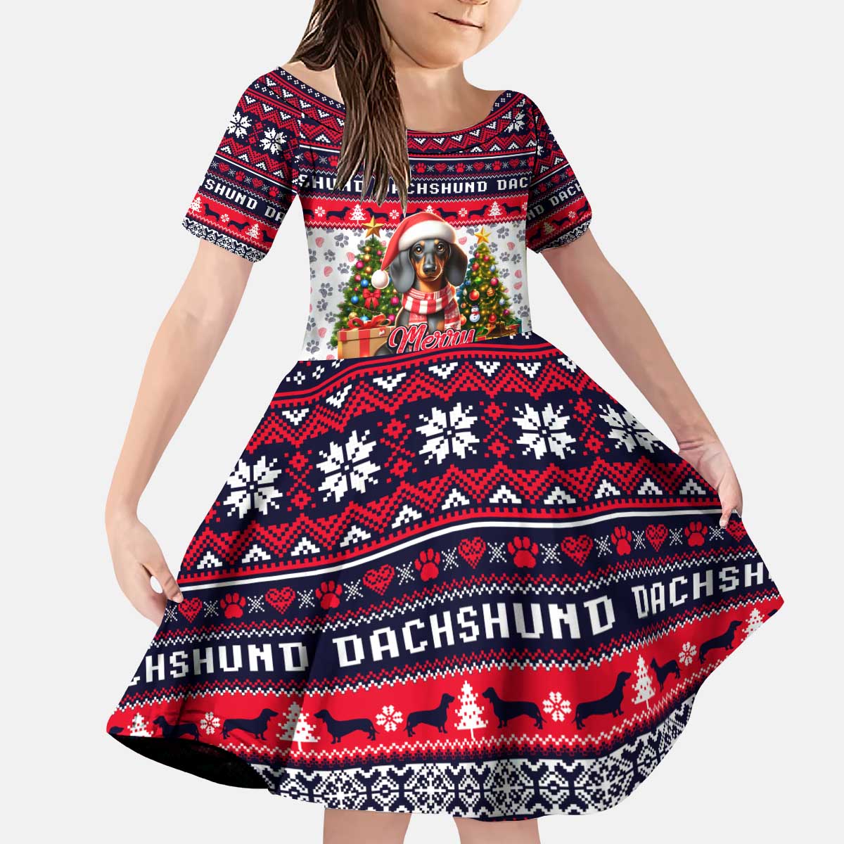 Dachshund Merry Woofmas Kid Short Sleeve Dress Christmas Dog Art Style - Wonder Print Shop