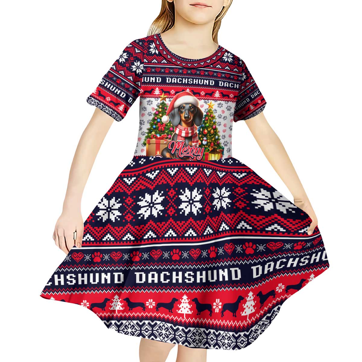Dachshund Merry Woofmas Kid Short Sleeve Dress Christmas Dog Art Style - Wonder Print Shop