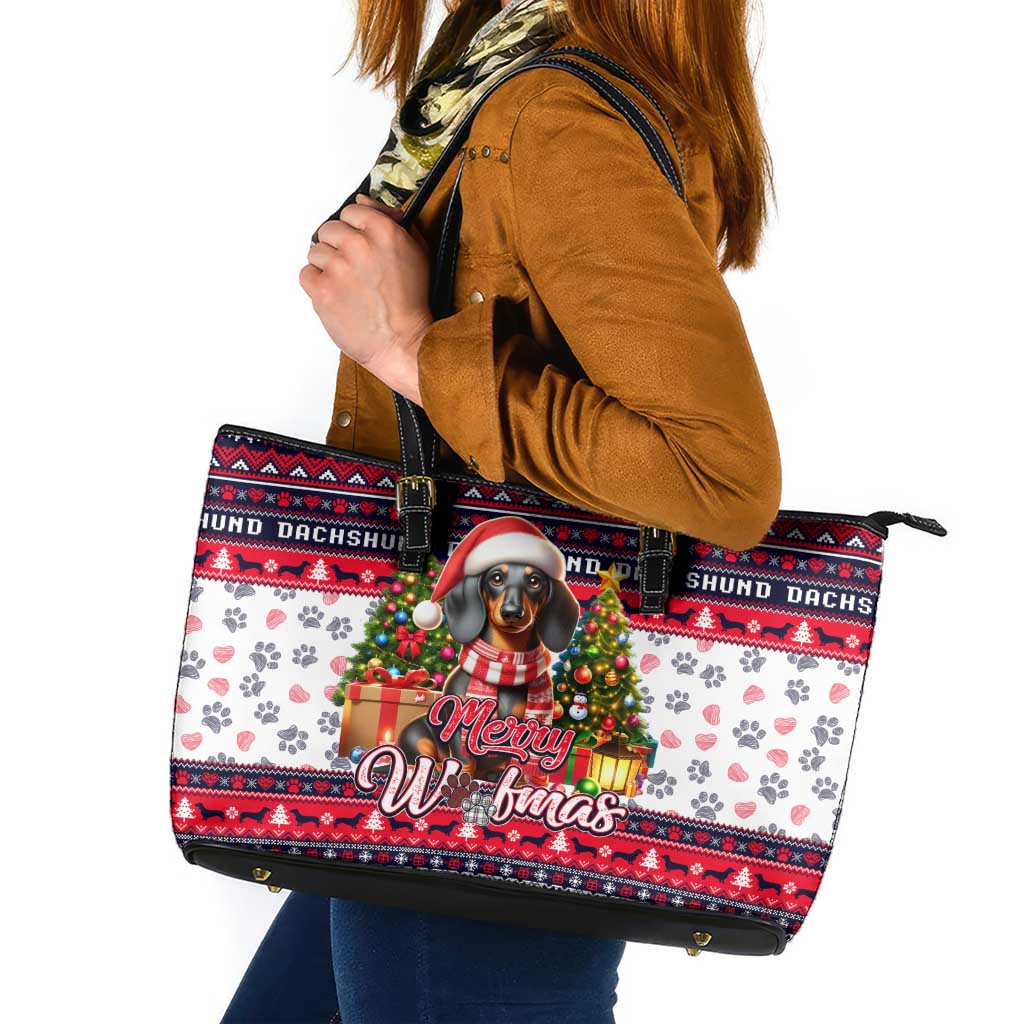 Dachshund Merry Woofmas Leather Tote Bag Christmas Dog Art Style - Wonder Print Shop