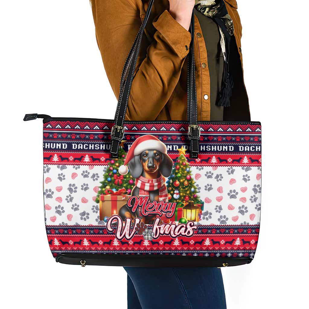 Dachshund Merry Woofmas Leather Tote Bag Christmas Dog Art Style - Wonder Print Shop