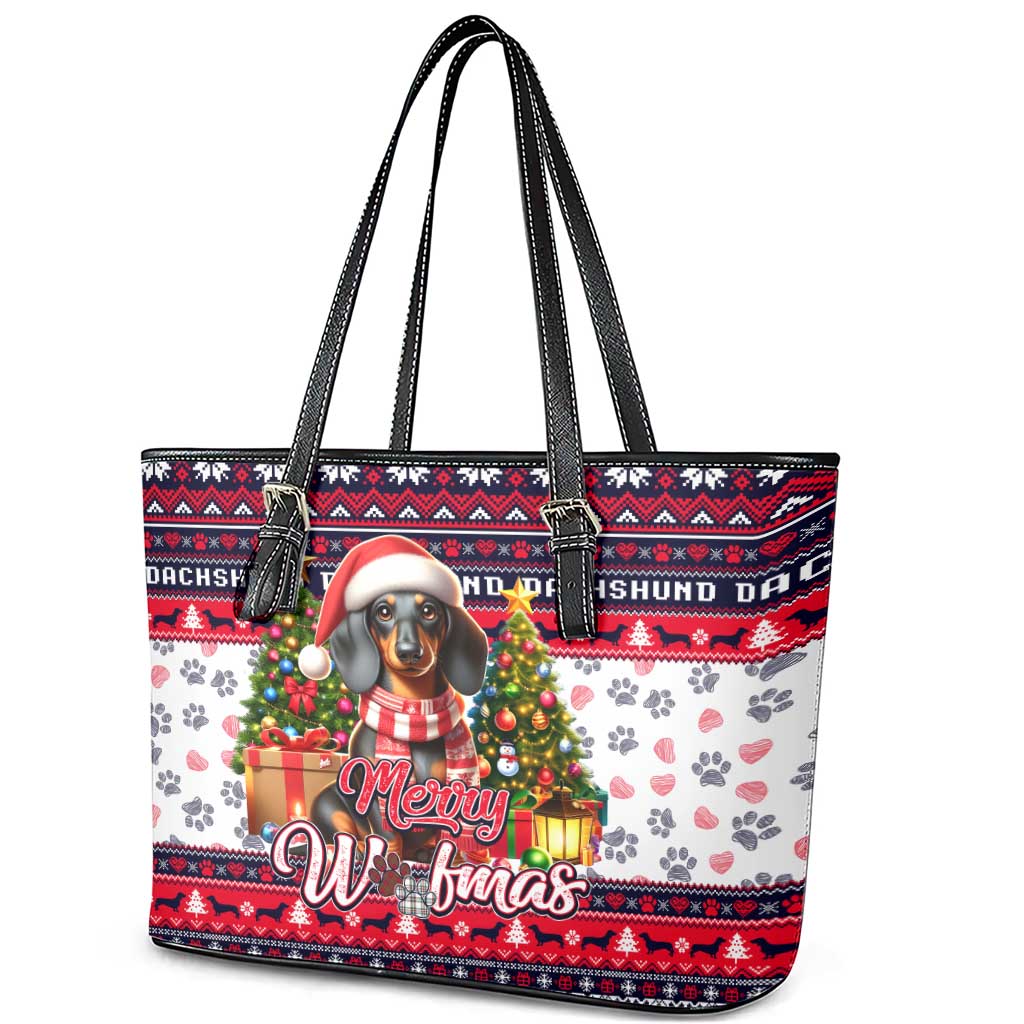Dachshund Merry Woofmas Leather Tote Bag Christmas Dog Art Style - Wonder Print Shop