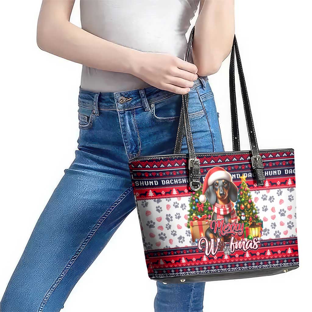 Dachshund Merry Woofmas Leather Tote Bag Christmas Dog Art Style - Wonder Print Shop