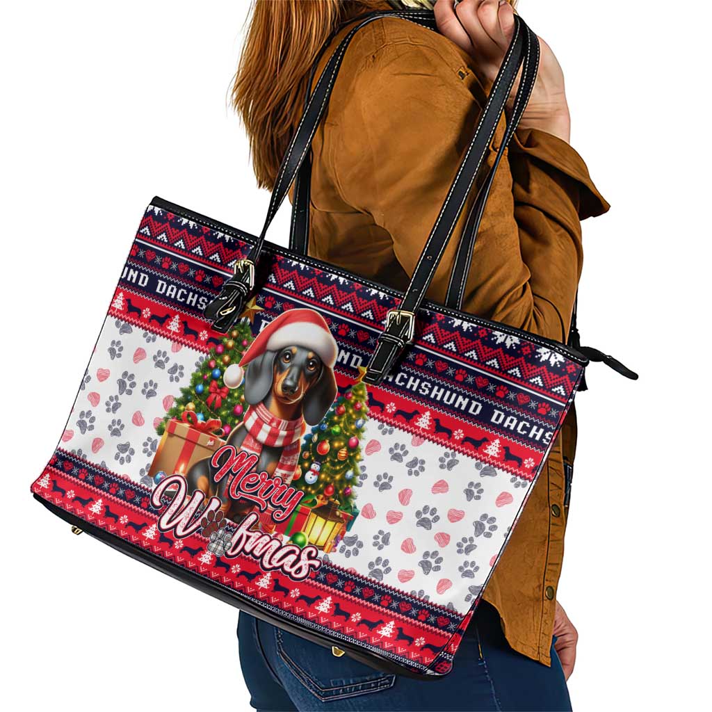 Dachshund Merry Woofmas Leather Tote Bag Christmas Dog Art Style - Wonder Print Shop