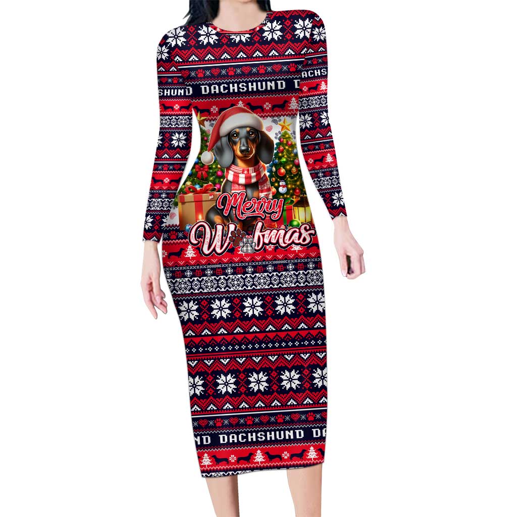 Dachshund Merry Woofmas Long Sleeve Bodycon Dress Christmas Dog Art Style - Wonder Print Shop