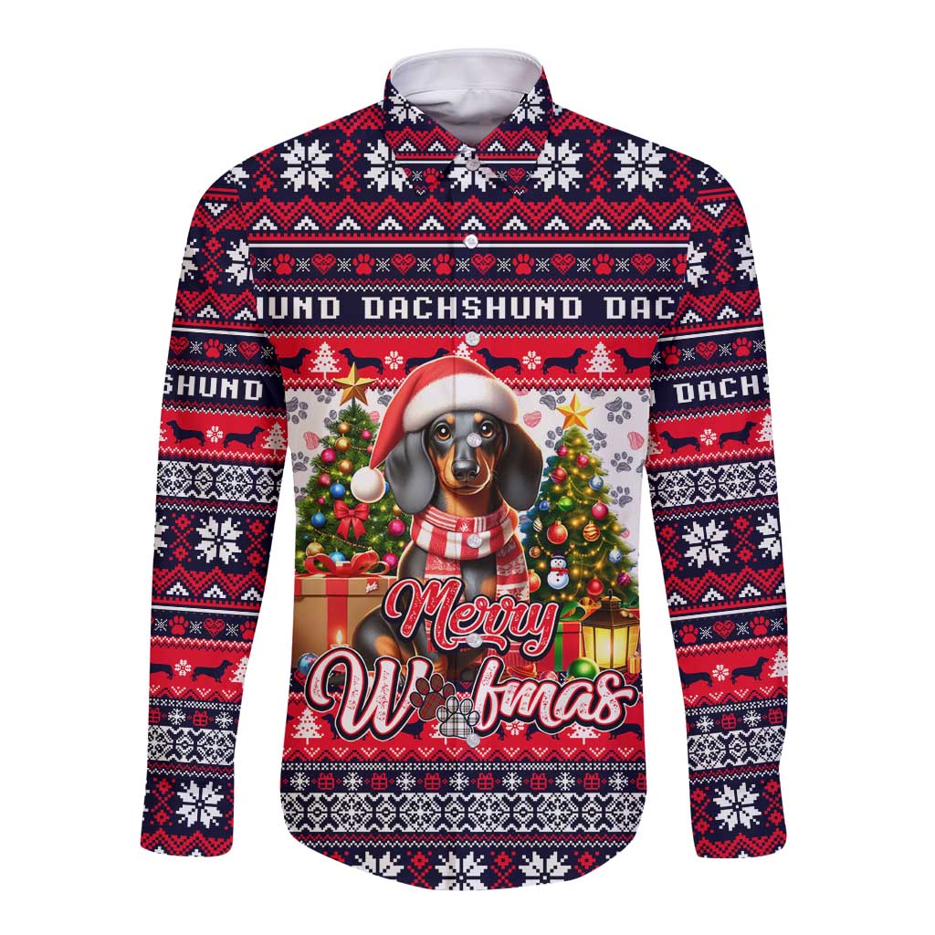 Dachshund Merry Woofmas Long Sleeve Button Shirt Christmas Dog Art Style - Wonder Print Shop