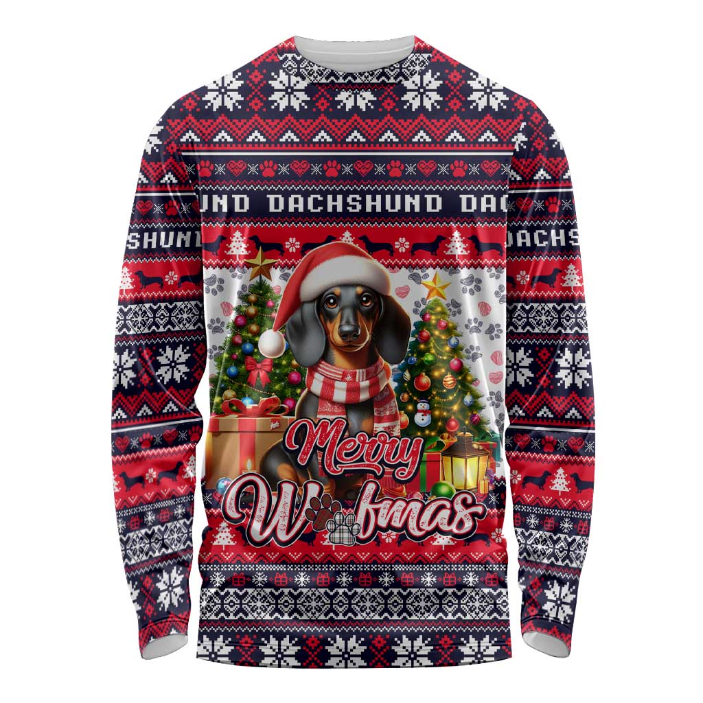 Dachshund Merry Woofmas Long Sleeve Shirt Christmas Dog Art Style - Wonder Print Shop