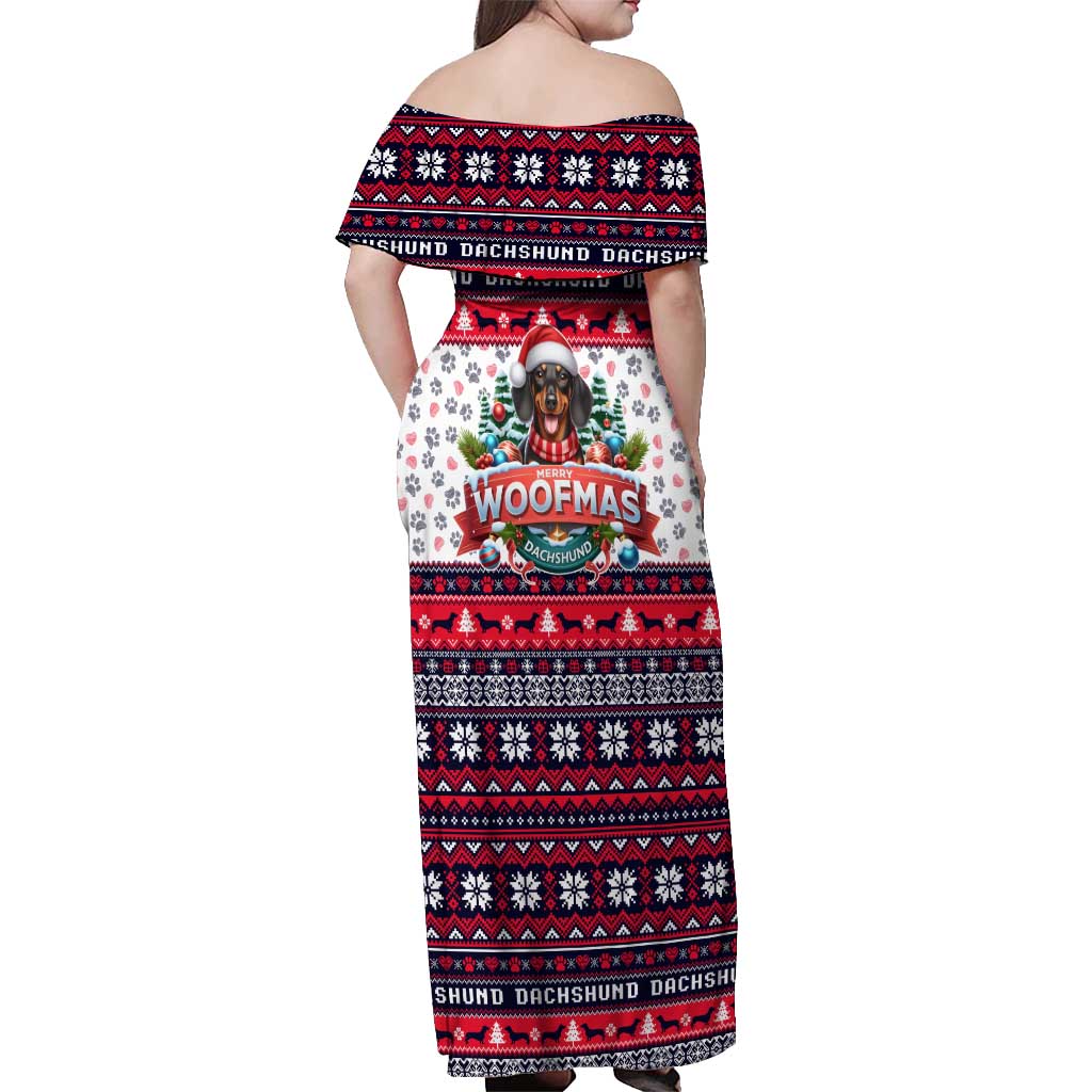 Dachshund Merry Woofmas Off Shoulder Maxi Dress Christmas Dog Art Style - Wonder Print Shop