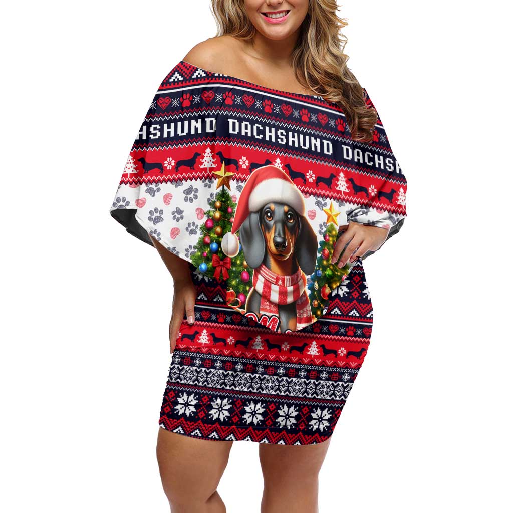 Dachshund Merry Woofmas Off Shoulder Short Dress Christmas Dog Art Style - Wonder Print Shop