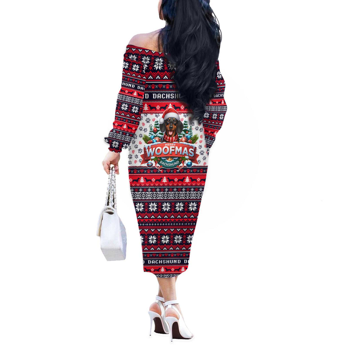 Dachshund Merry Woofmas Off The Shoulder Long Sleeve Dress Christmas Dog Art Style - Wonder Print Shop
