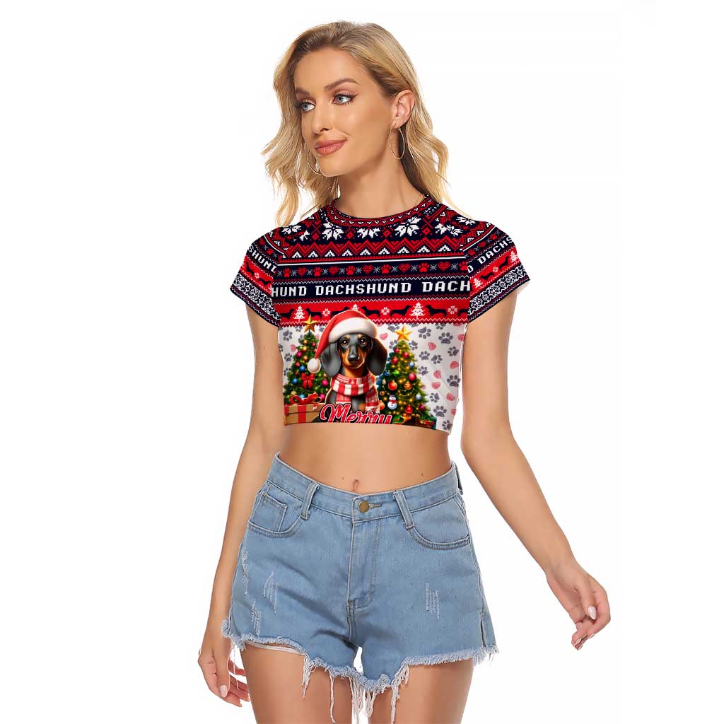 Dachshund Merry Woofmas Raglan Cropped T Shirt Christmas Dog Art Style - Wonder Print Shop
