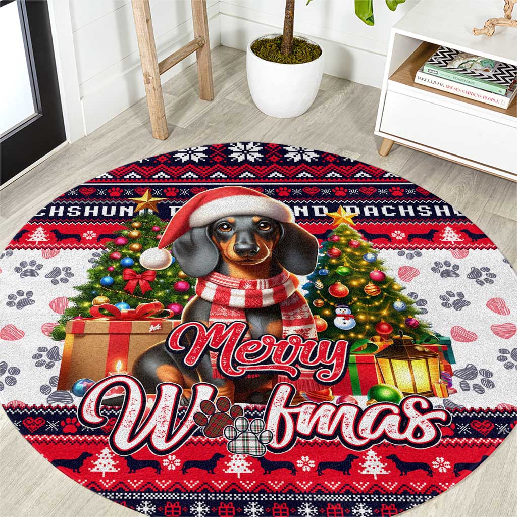 Dachshund Merry Woofmas Round Carpet Christmas Dog Art Style