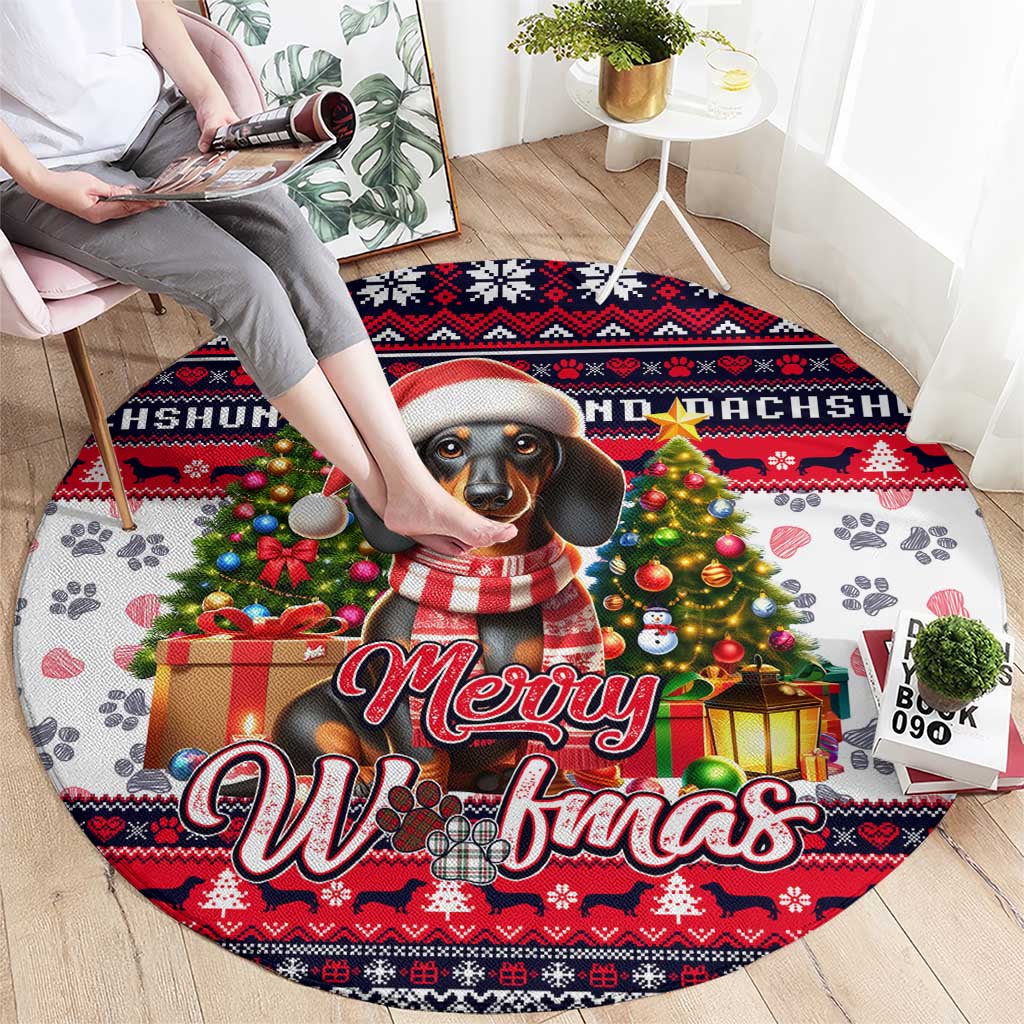 Dachshund Merry Woofmas Round Carpet Christmas Dog Art Style