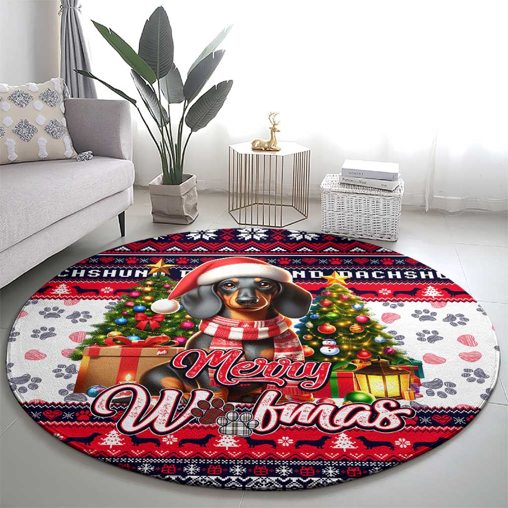 Dachshund Merry Woofmas Round Carpet Christmas Dog Art Style